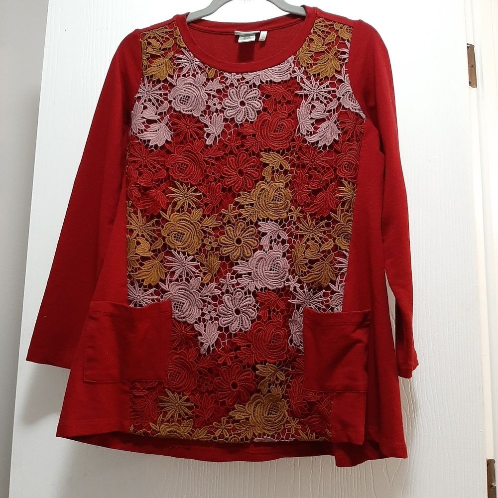 Lounge Boho Lace Front Tunic Long Length  Long Sleeve Red XS